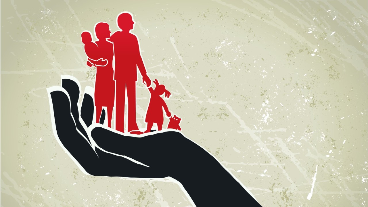 A conceptual illustration of a family getting lifted up in a hand, indicating a supportive gesture