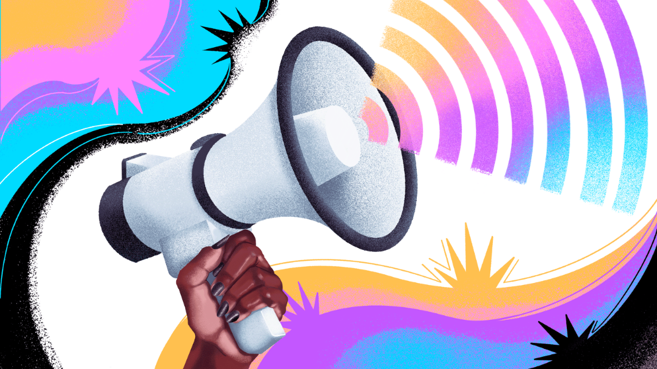 An illustration of a megaphone radiating sound waves that are the color of the trans flag.