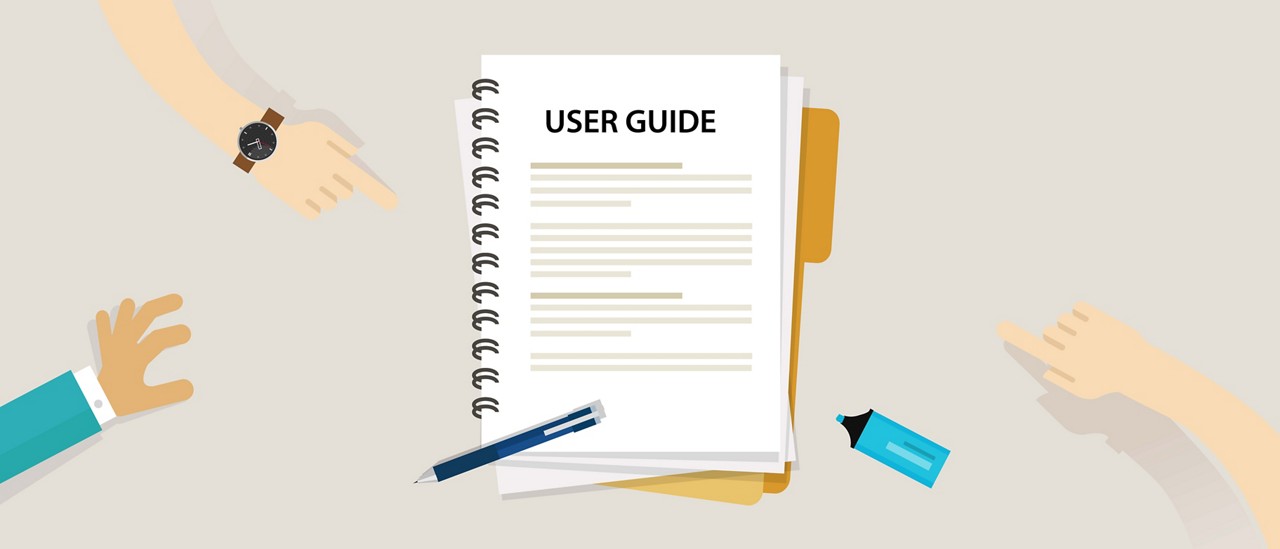 An illustration of a notebook with a user guide and a pen.