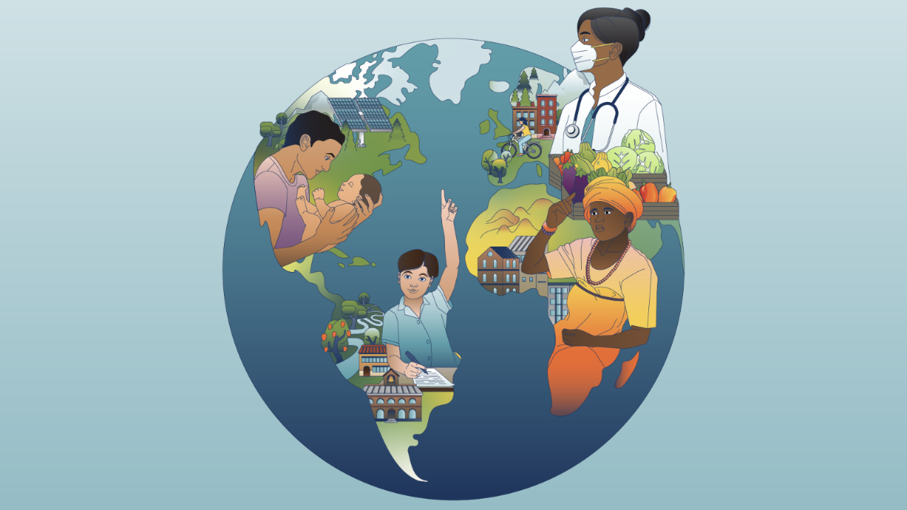 Multi-cultural people are shown on a globe. 