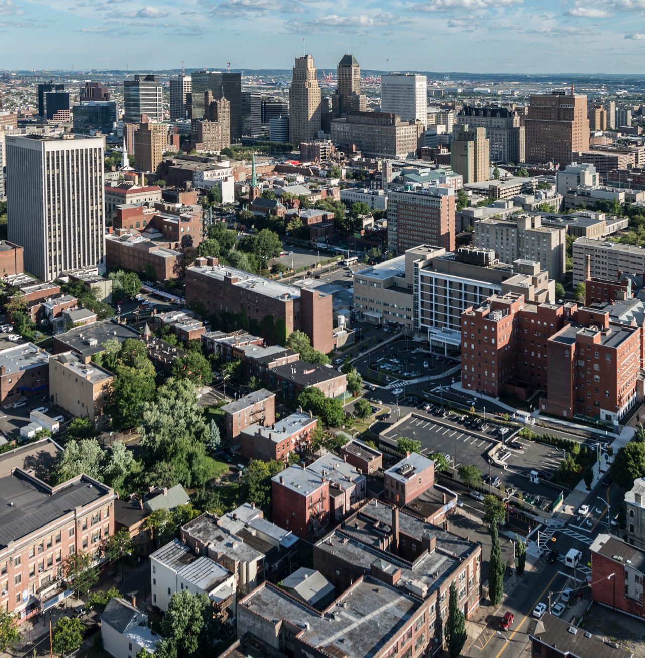 An aerial view of a city.