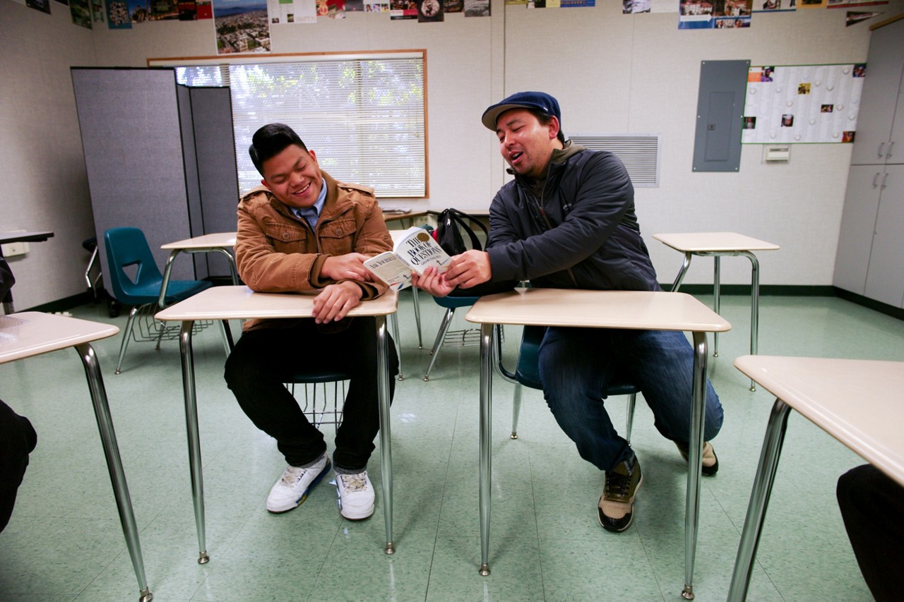 Forward Promise - Oakland. Peter Kim meets with a group of his students at Dewey AcademyÑa special school for kids who have had difficulty with traditional school settings and who may be a risk for probation violations or a target of violence in assigned High School. Forward Promise - Oakland. Peter Kim meets with a group of his students at Dewey AcademyÑa special school for kids who have had difficulty with traditional school settings and who may be a risk for probation violations or a target of violence in assigned High School.