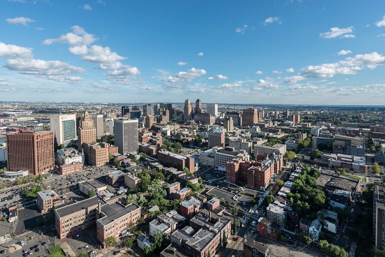 An aerial view of a city.