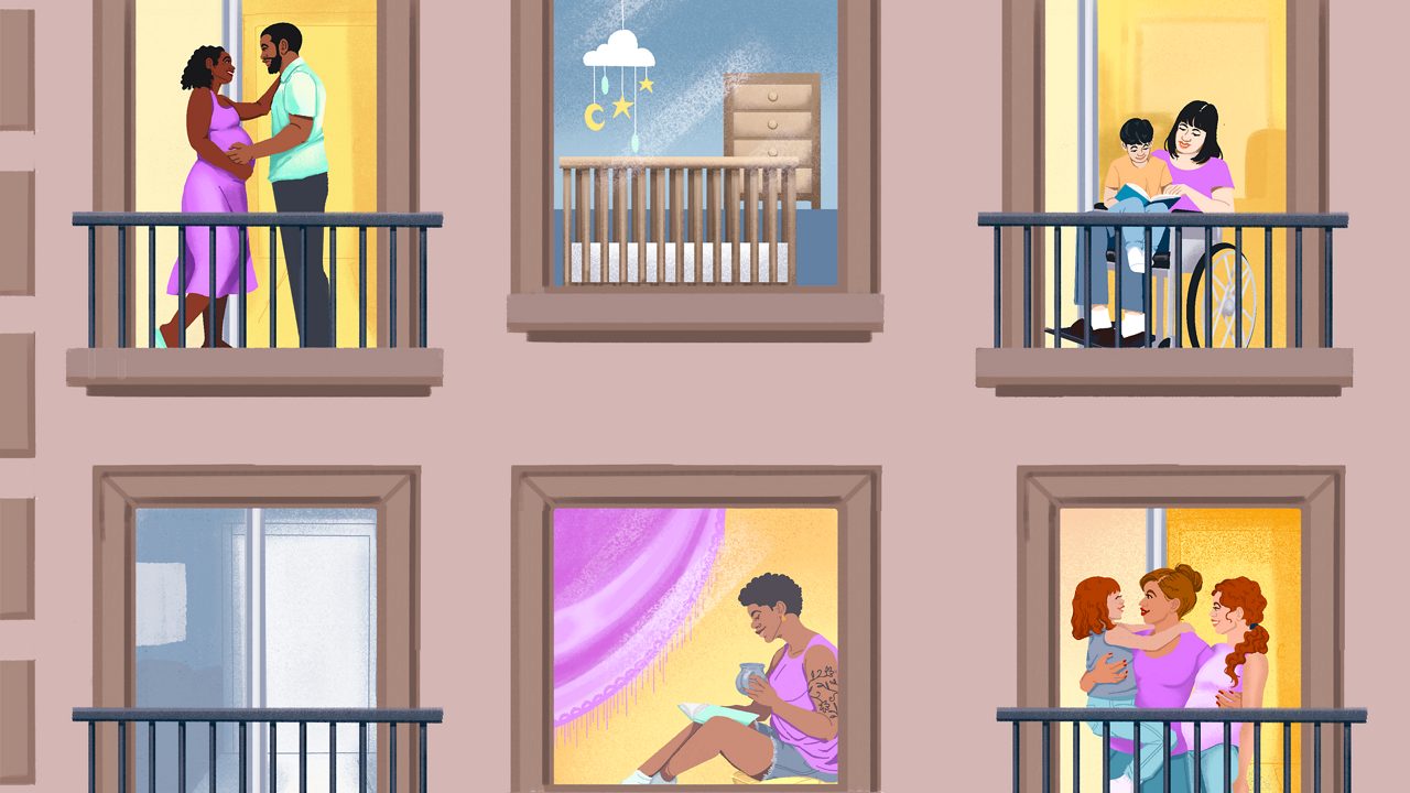 An illustration featuring cartoon people at a sidewalk curb depicts the difference between equality and equity. Health Equity Illustration
