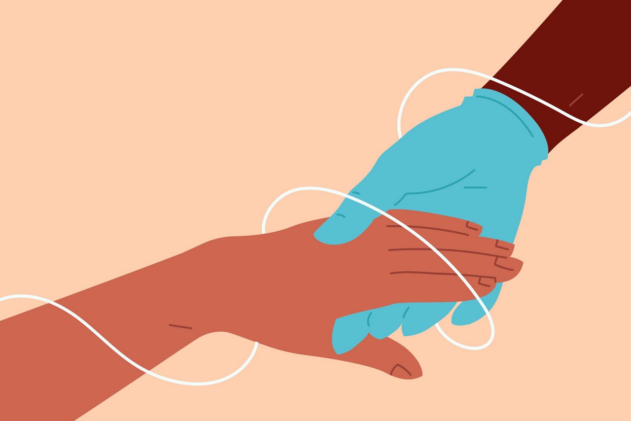 Patient's hand holding gloved hand illustration. Patient's hand holding gloved hand illustration.
