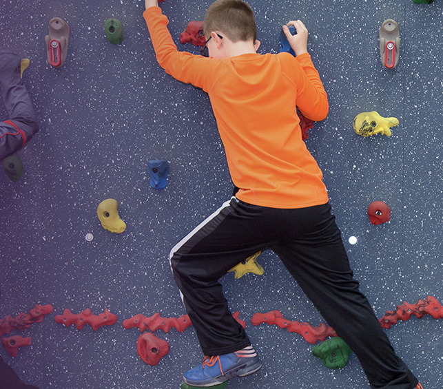 Children climbing a rock wall at a fitness park.