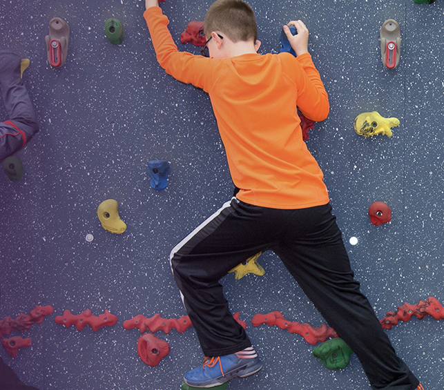 Fostering a Healthy Early Childhood Children climbing a rock wall at a fitness park.