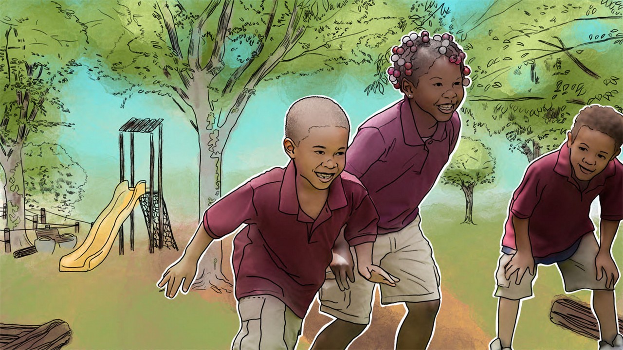 Three children playing in park illustration. Three children playing in park illustration.