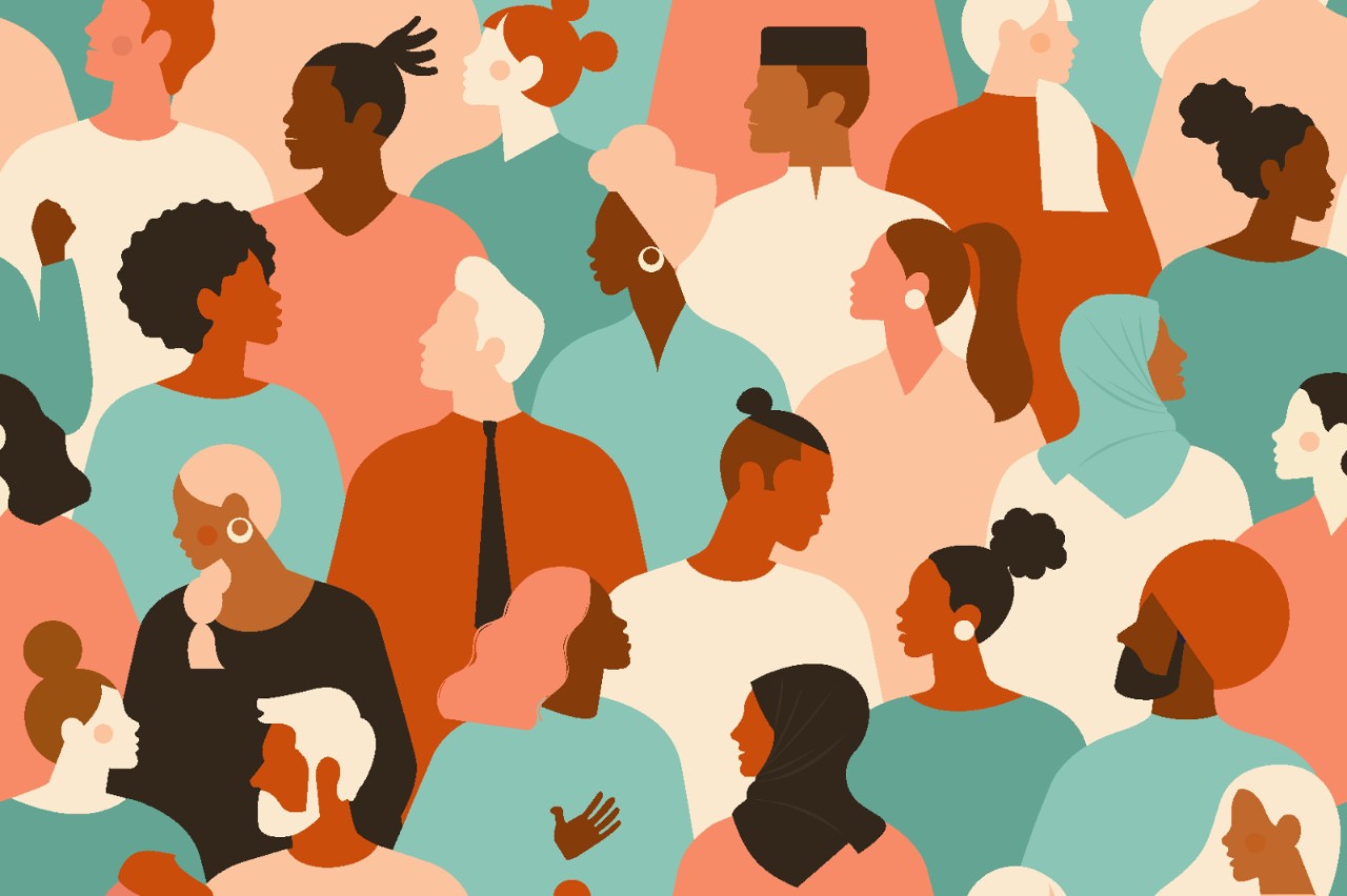 A graphic in shades of teal and orange depicting a multi-cultural group of people.