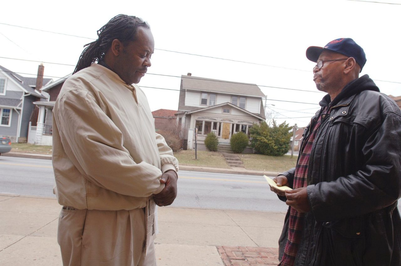 James Harrison of Brandywine Counseling Wilimington, DE, talks with Steve, a long-time heroine user, outside the Brandywine clinic.  Paths to Recovery