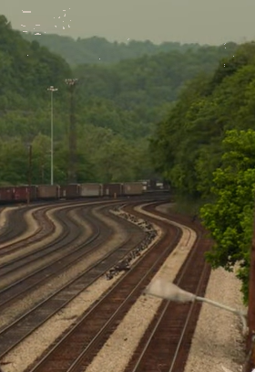 Coal bins are moved along train tracks in Williamson, West Virginia