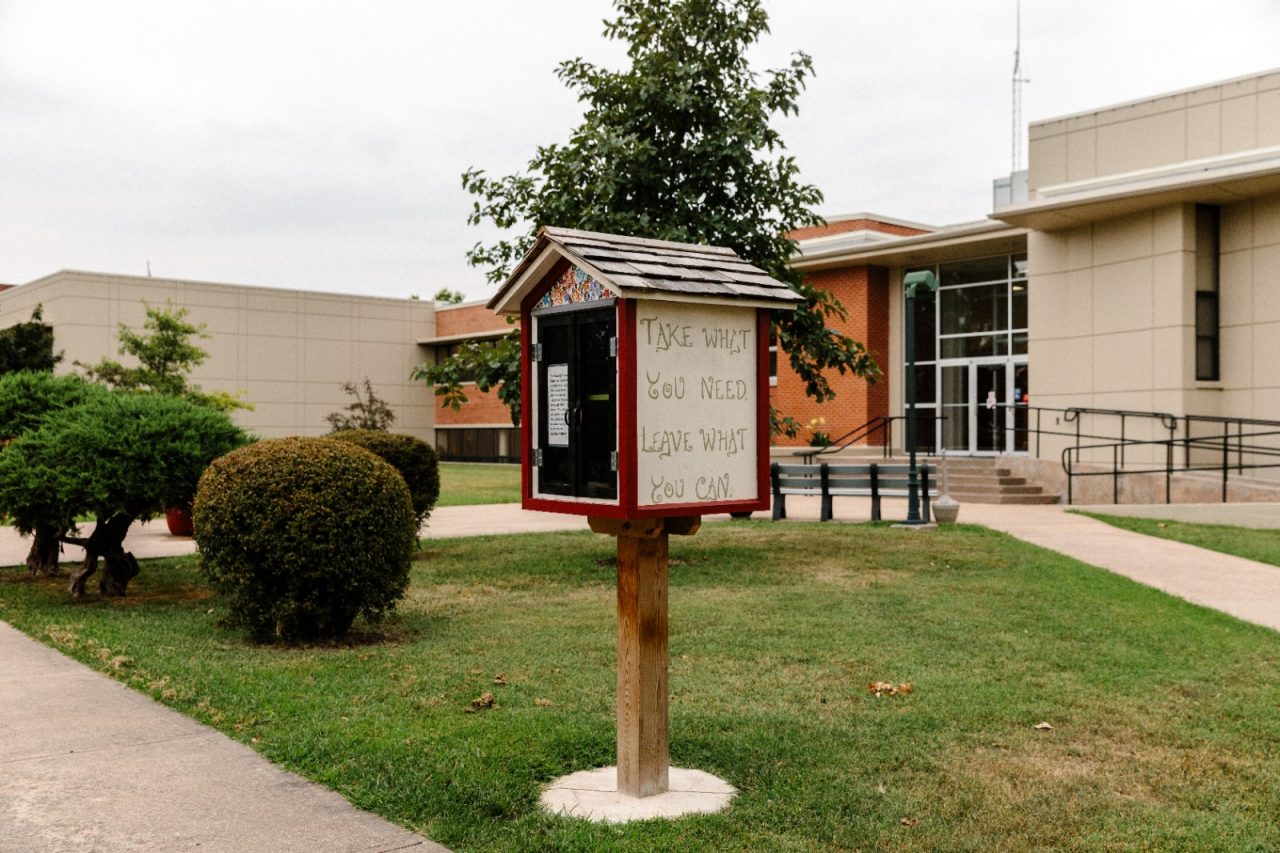 A "Blessing Box" in Iola, Kansas, offers free pantry items.