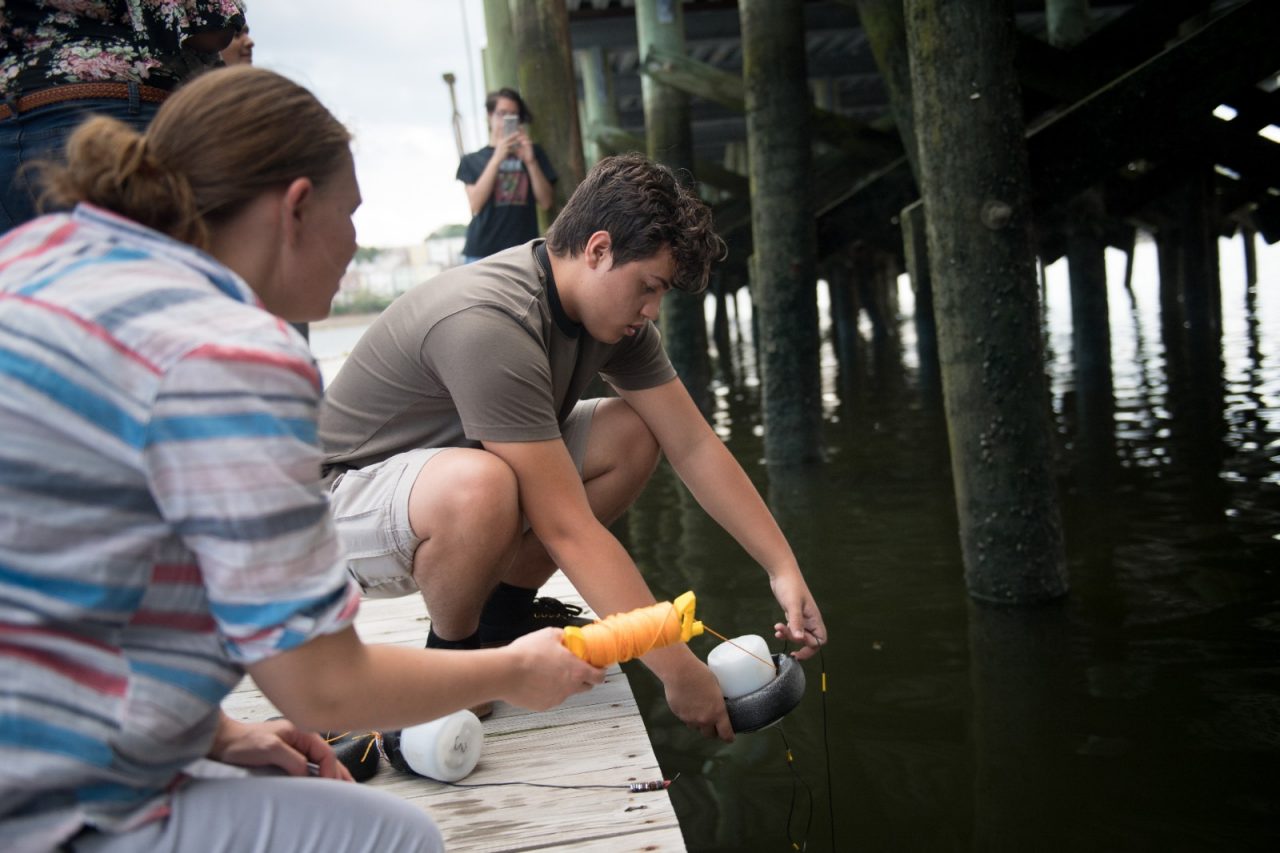 Young researchers on a pier gathering water for environmental testing.