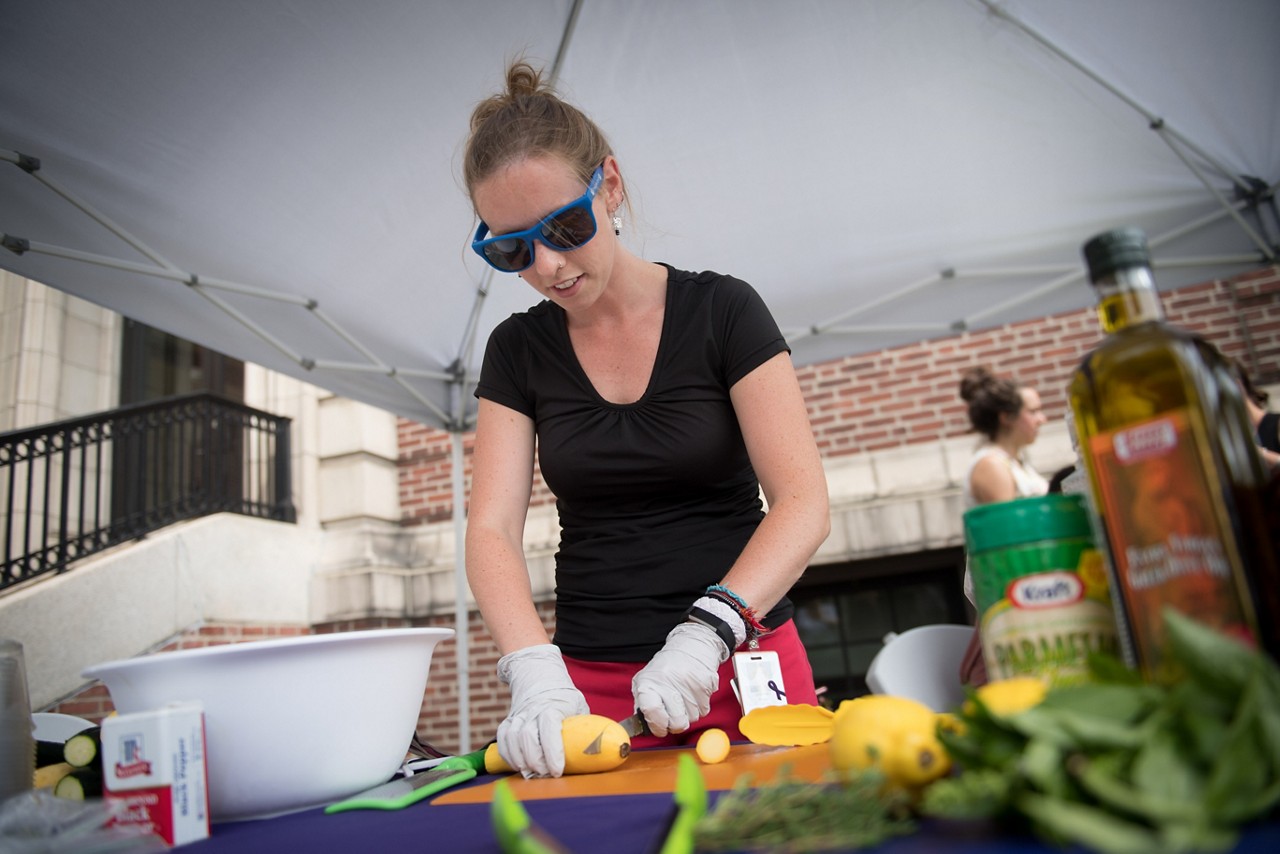 Courtney Evans demonstrates a healthy squash recipe at the Chelsea Lunch Marketplace.