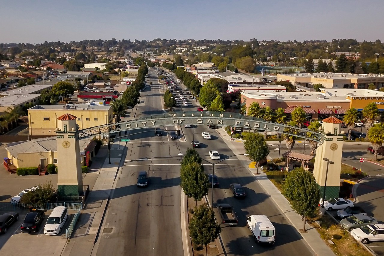 An aerial view of a downtown street. 