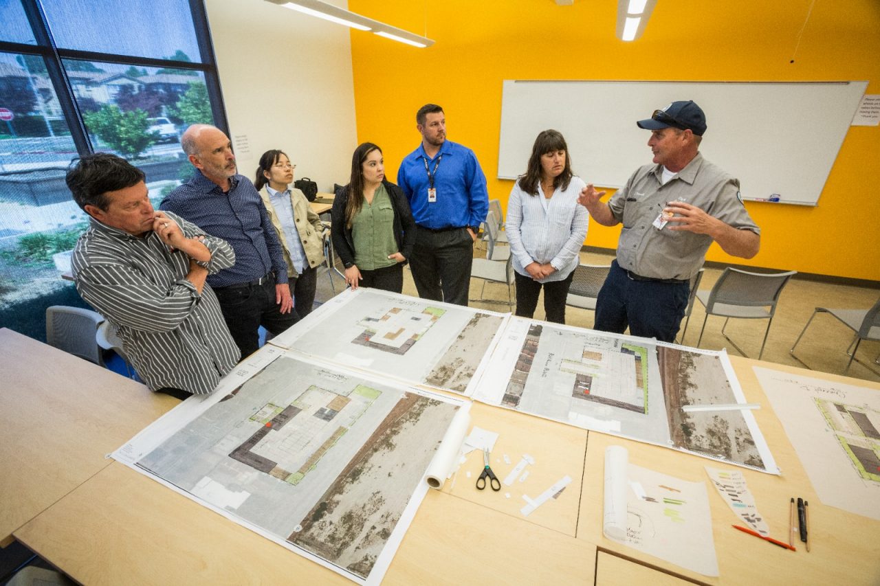 Various designs are compared at a meeting at San Pablo Community Center to discuss plans for the design of the new San Pablo Public Works Corporation Yard. Investment in physical infrastructure is an important element in San Pablo's transformation. Left to right: Jeff Blechel, Don Tomasi, Jialing Sun, Andrea Mendez, SP Community Center Recreation Supervisor, Greg Dwyer, Community Services Director City of San Pablo, Sheena Zimmerman, John Bothwell.