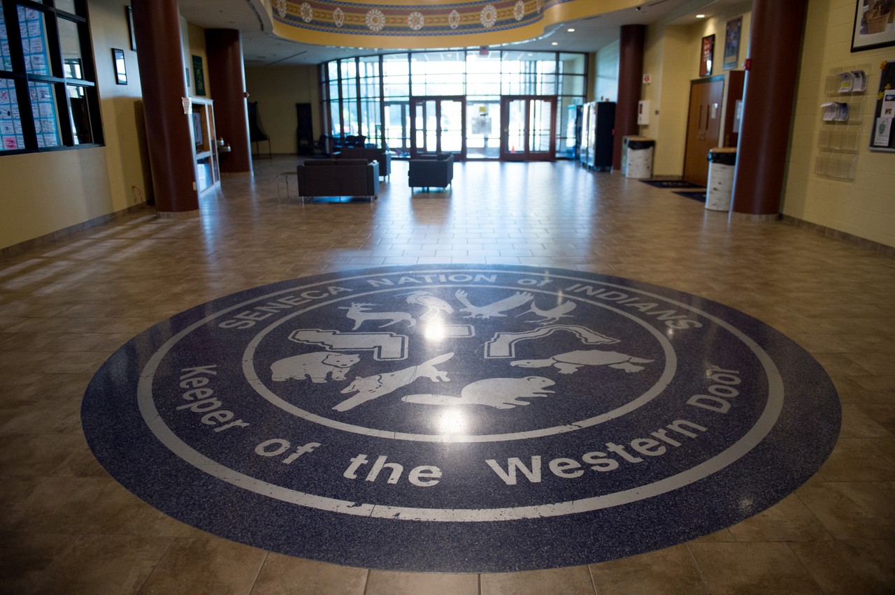 A floor decoration depicting the clans of the Seneca Nation.