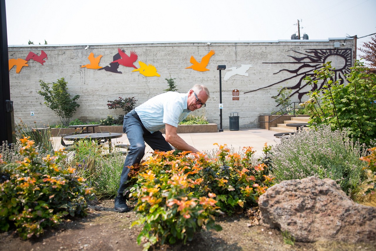 A man tending to a community garden.