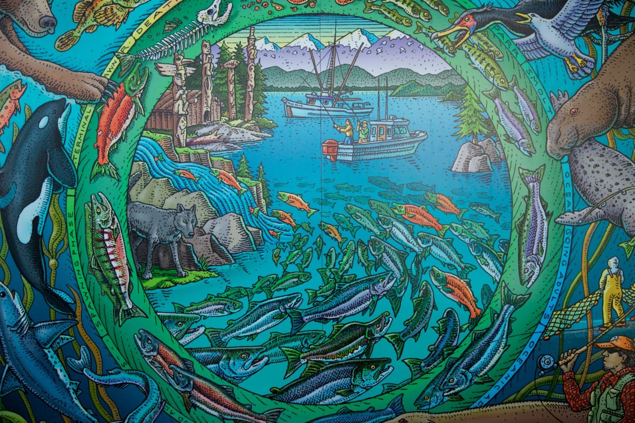 A mural featuring fish and fishermen.