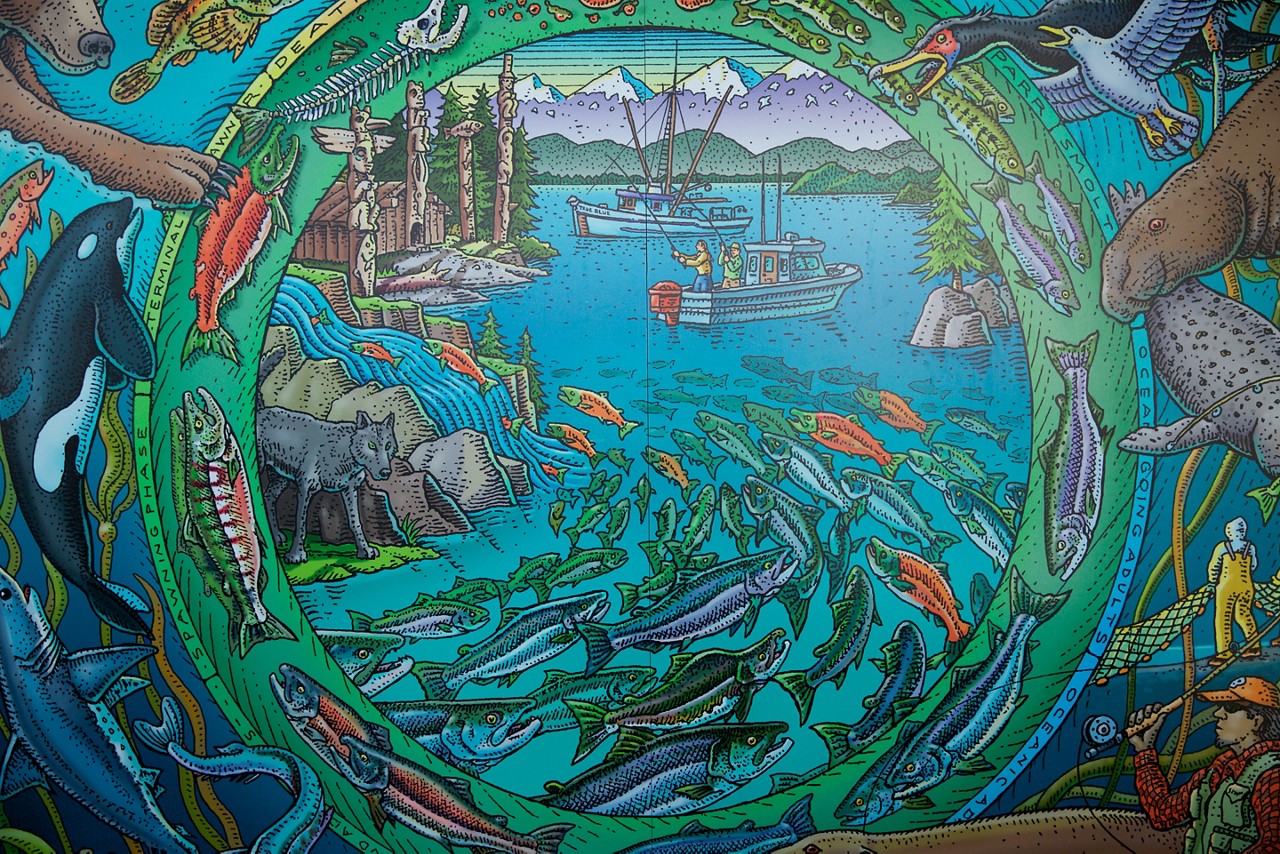 A mural featuring fish and fishermen.