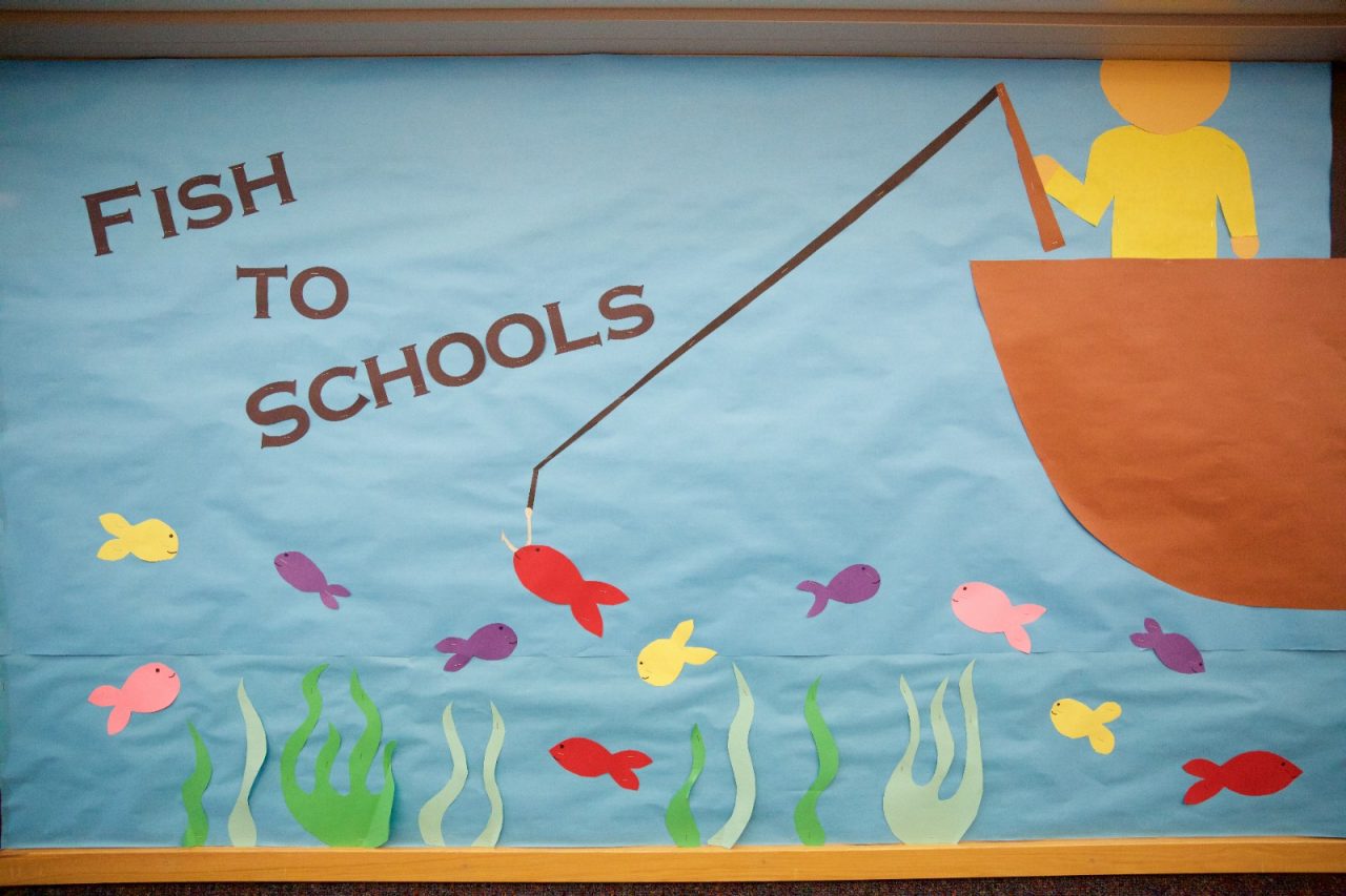 A mural at Baranof Elementary School in Sitka promotes Fish To Schools.
