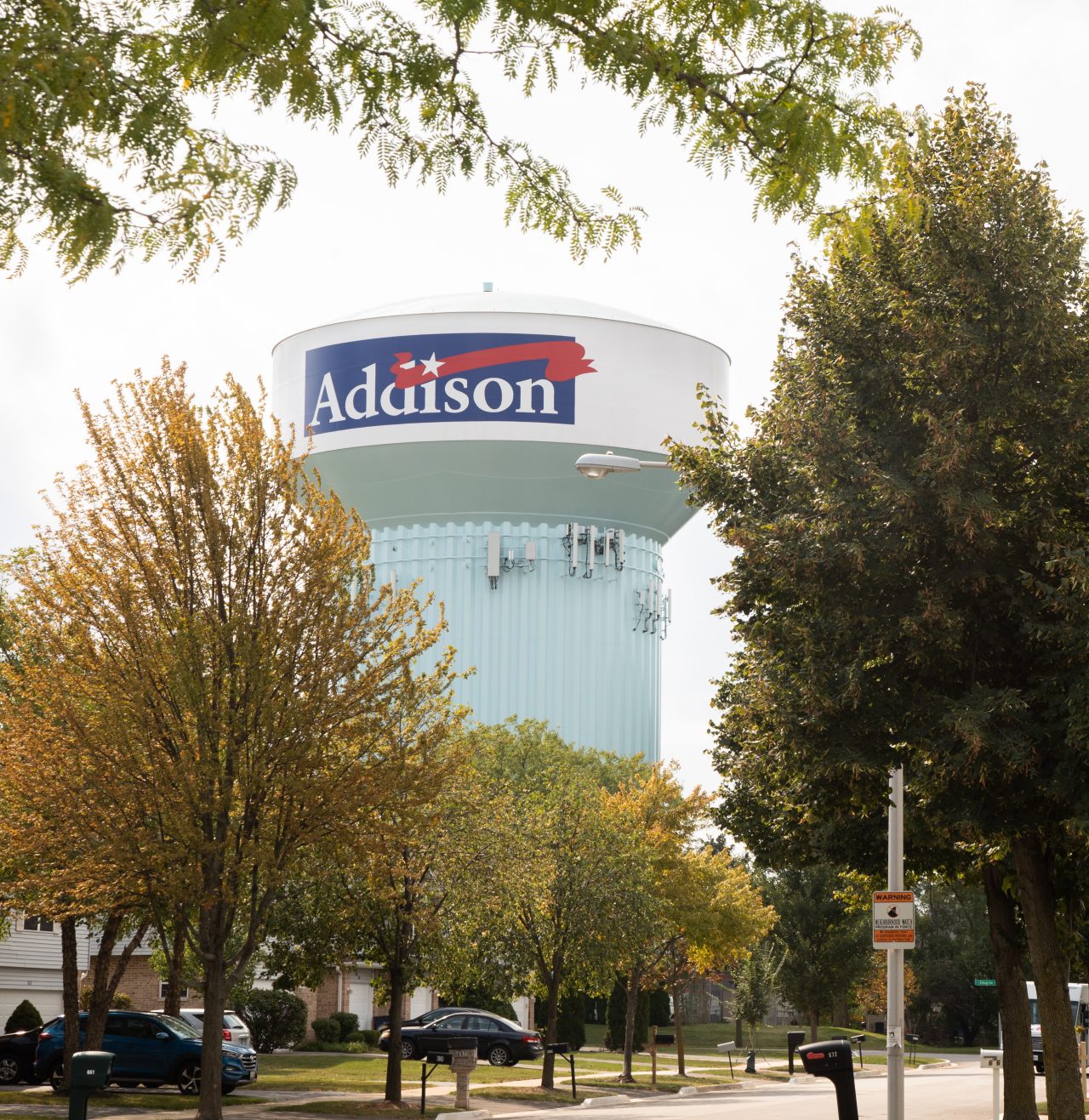 A water tower can be seen among trees.