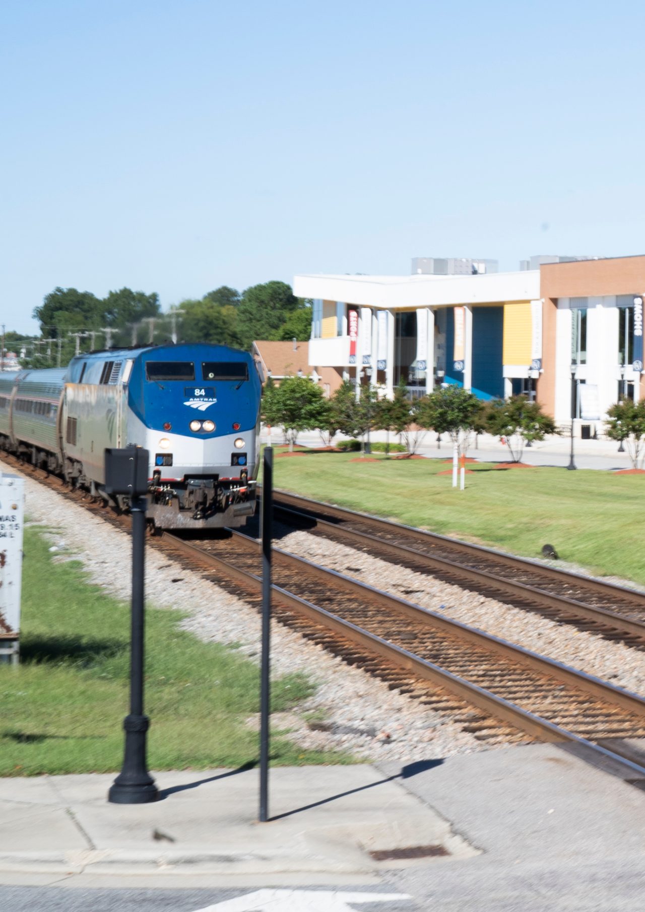 A train traveling through a small town.