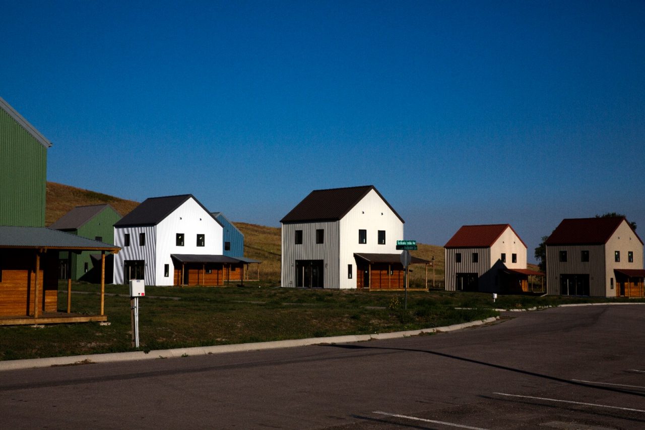 Financial sovereignty, including home ownership and community, is a key pillar of the Thunder Valley Community Development Corporation (TVCDC). The TVCDC’s long-term plan includes dozens of homes including these three-bedroom homes in various state of construction. Multiple are already homes to local families. In a spiritual nod to Lakota culture and history, the homes form a circle and the front door faces East, towards the morning sun.The people of Thunder Valley are tapping their warrior spirits to reclaim their identities, culture, and language. They are committed to clearing a path forward for generations to come. At the core of the Culture of Health journey is how action is taken by the community—not for the community. The mission includes reclaiming language and culture, healing from trauma, providing homes and creating a safe and regenerative community, and developing work-force skills by looking at the whole person and getting them ready for the workforce physically, mentally, socially, and spiritually. Pine Ridge Reservation, South Dakota. September 15, 2021 (Photo by Samantha Appleton)