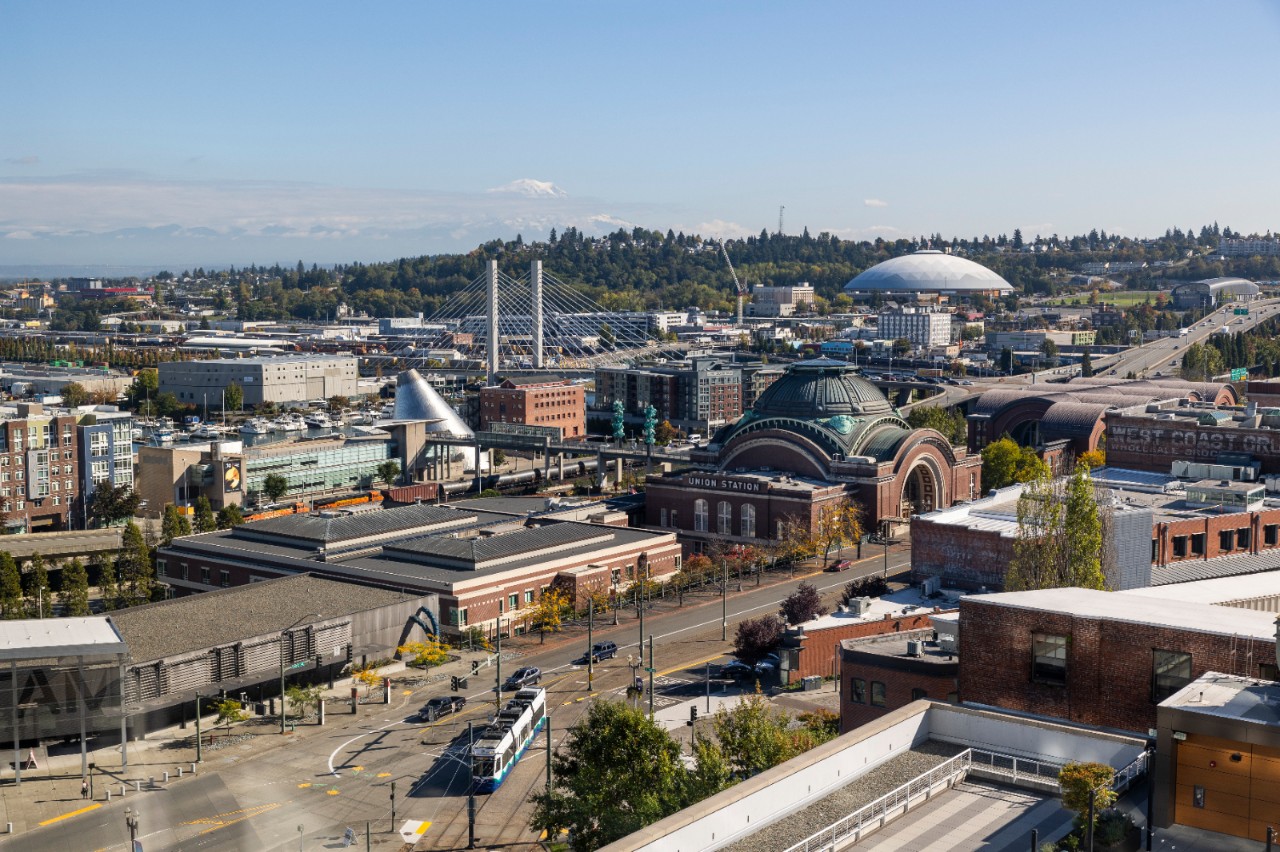 Downtown Tacoma is pictured with Mt. Rainier in the background.