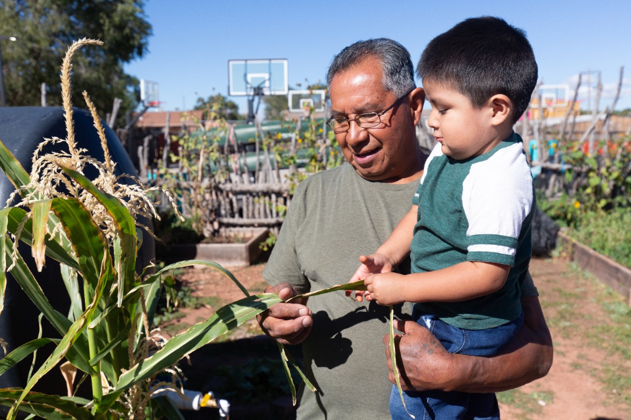 A man carries a child while standing in a garden. Both individuals are touching plant leaves. 
