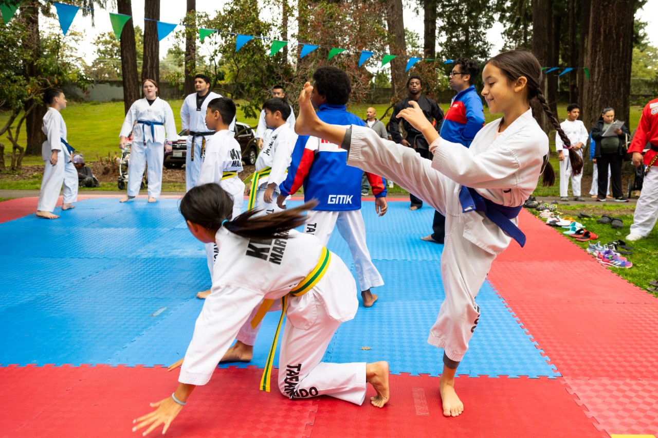 Students practicing kicks during a Tae Kwon Do class.