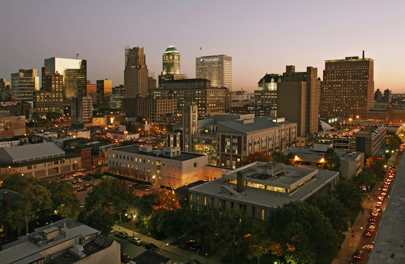 Skyline photo of Rutgers University and Downtown Newark.