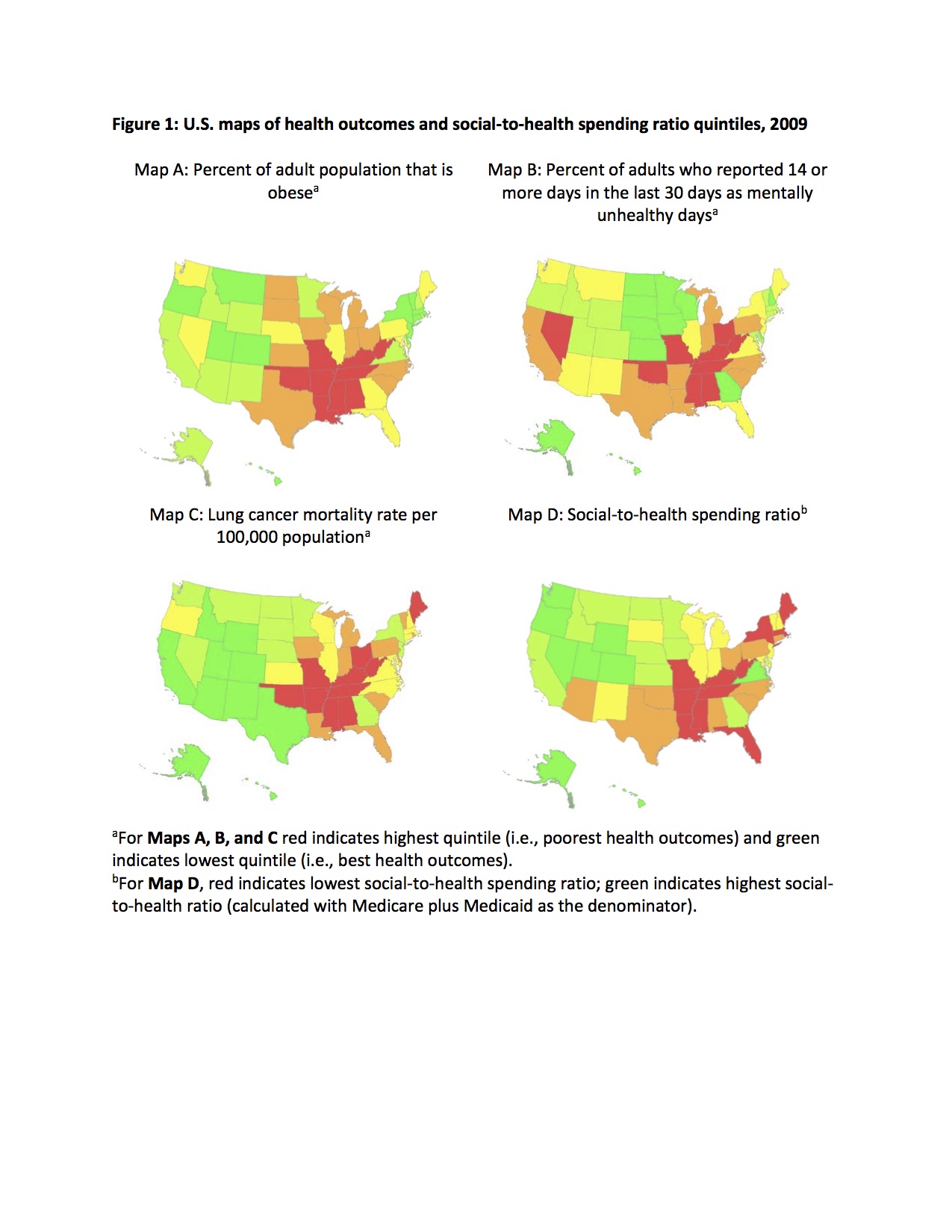 U.S. maps of health outcomes and social-to-health spending ratio quintiles, 2009