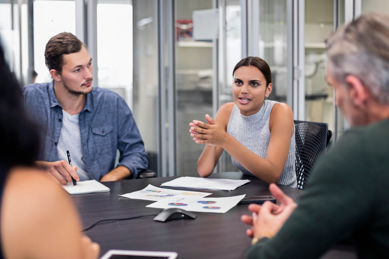 Aboriginal business woman talking in a meeting; RWJF Purchased via Getty Images 2/18/16 Aboriginal business woman talking in a meeting; RWJF Purchased via Getty Images 2/18/16