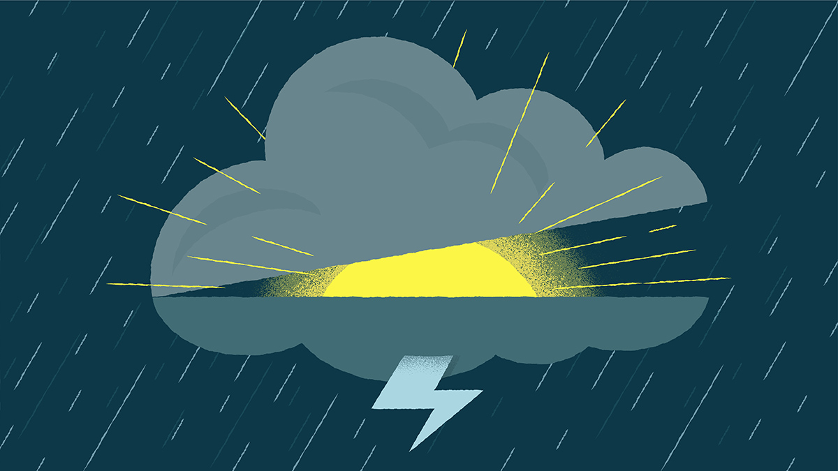 An illustration of a cloud, rain, and lighning.