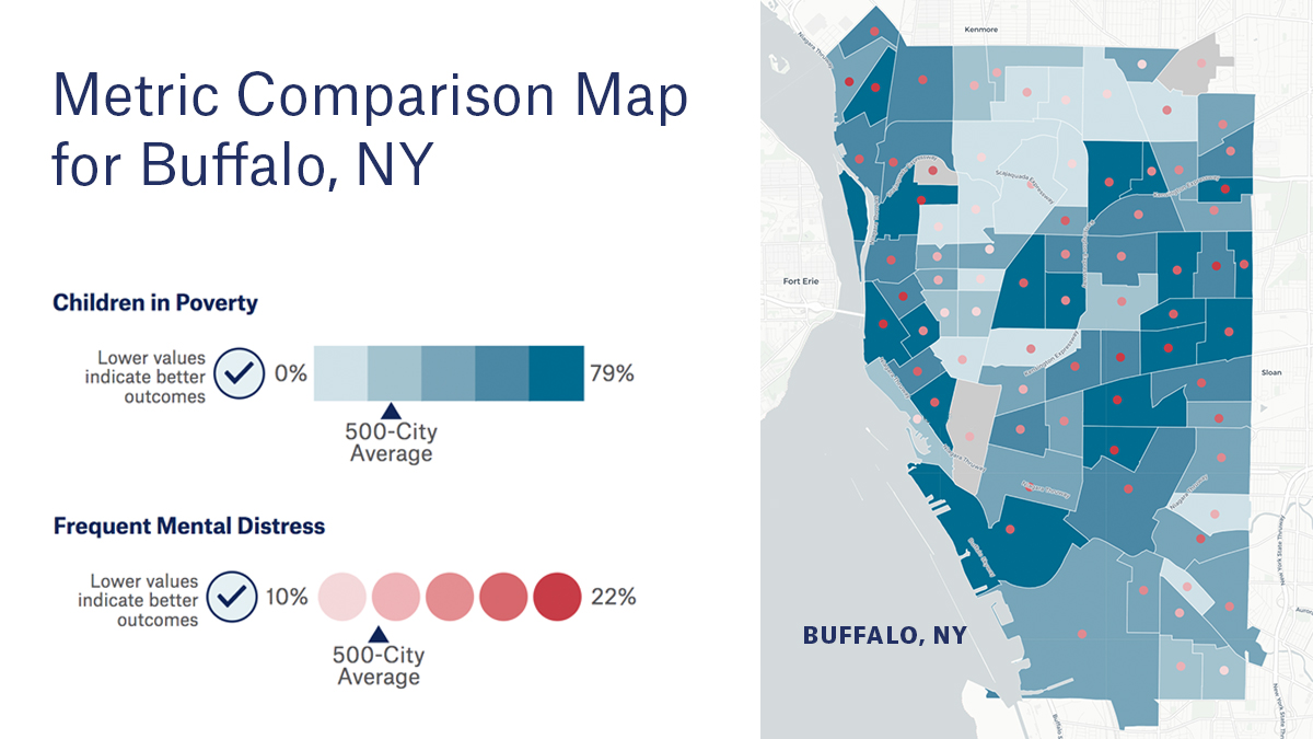 Metro comparison map for Buffalo, New York, for City Health Dashboard blog, 8-16-19