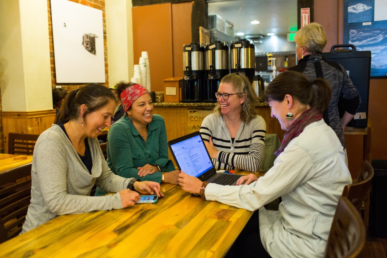 Morning meeting between Katie Baldassar, Director of Lake County Build a Generation, Keisha Massarotti, Event Coordinator for Lake County Build a Generation, Colleen Nielson, Director of Lake County Public Health Agency and Kerri Quinlan, Healthy Schools Director for Lake County School District at City on a Hill Coffee in Leadville, Colorado.