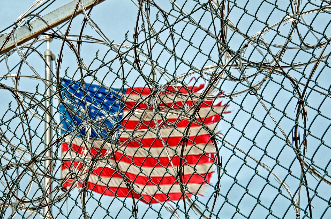 American flag in prison yard.