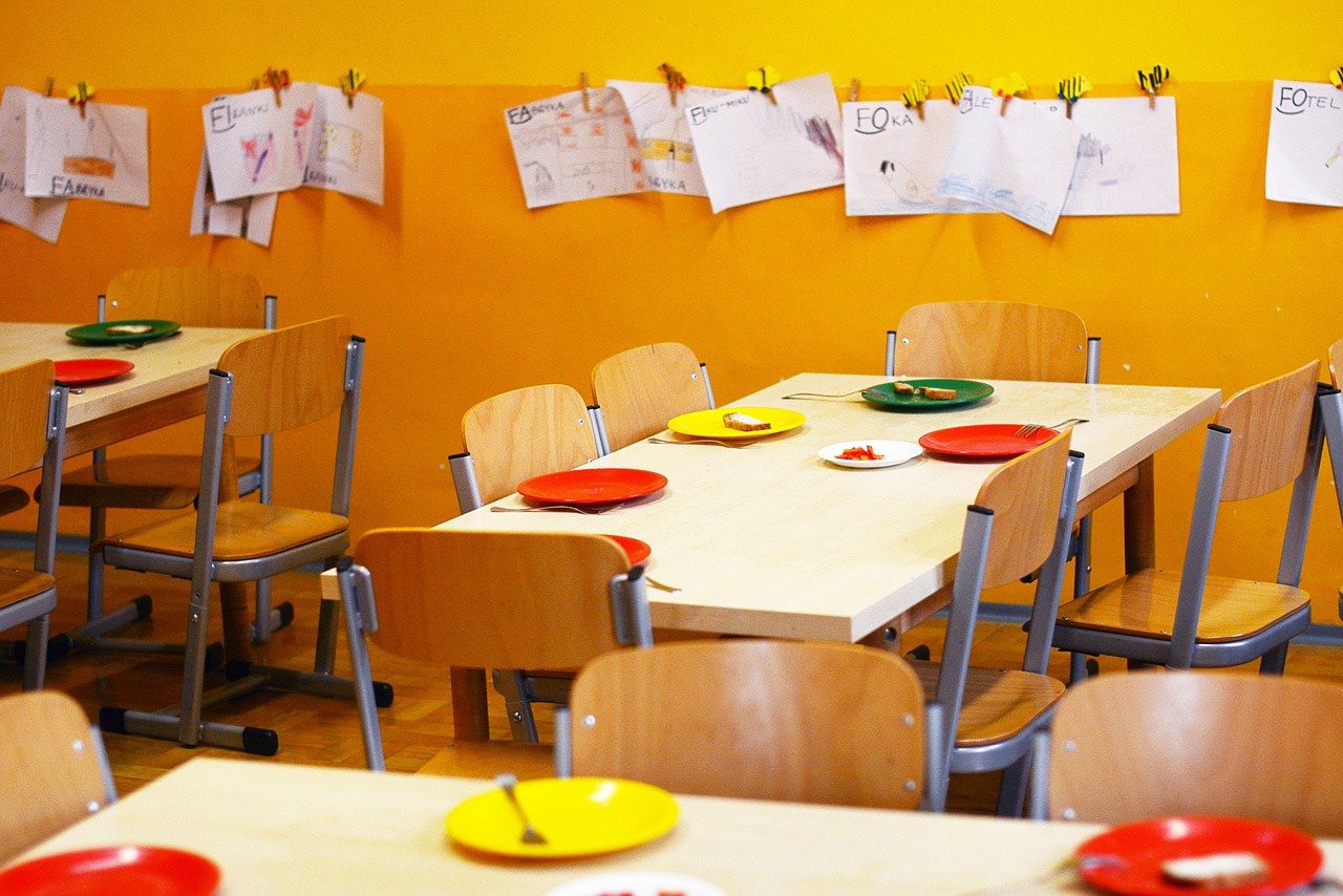 Empty school lunch room.