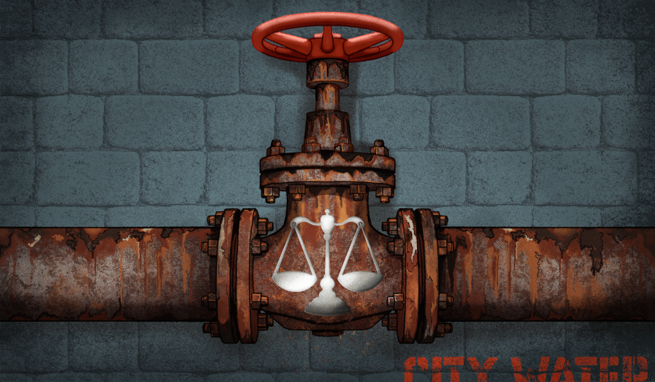 Rusty water pipes and justice scales.