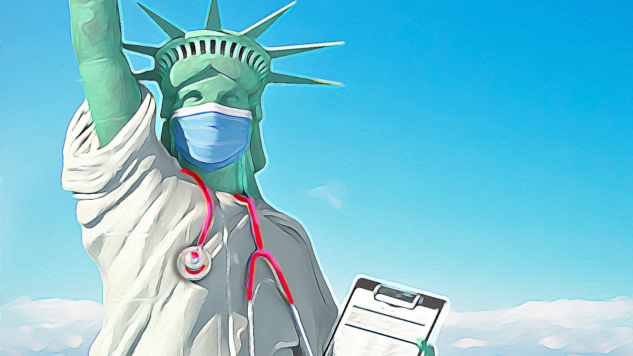 Statue of Liberty with mask and stethoscope illustration.