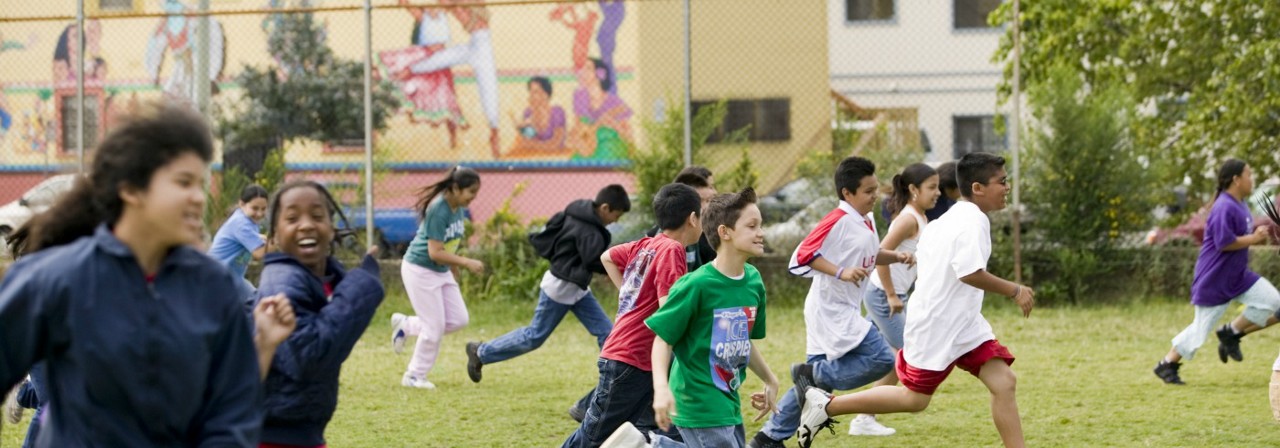 Students in the Sports 4 Kids (Playworks) program playing games during recess at Garfield Elementary School, Oakland, California. Sports 4 Kids