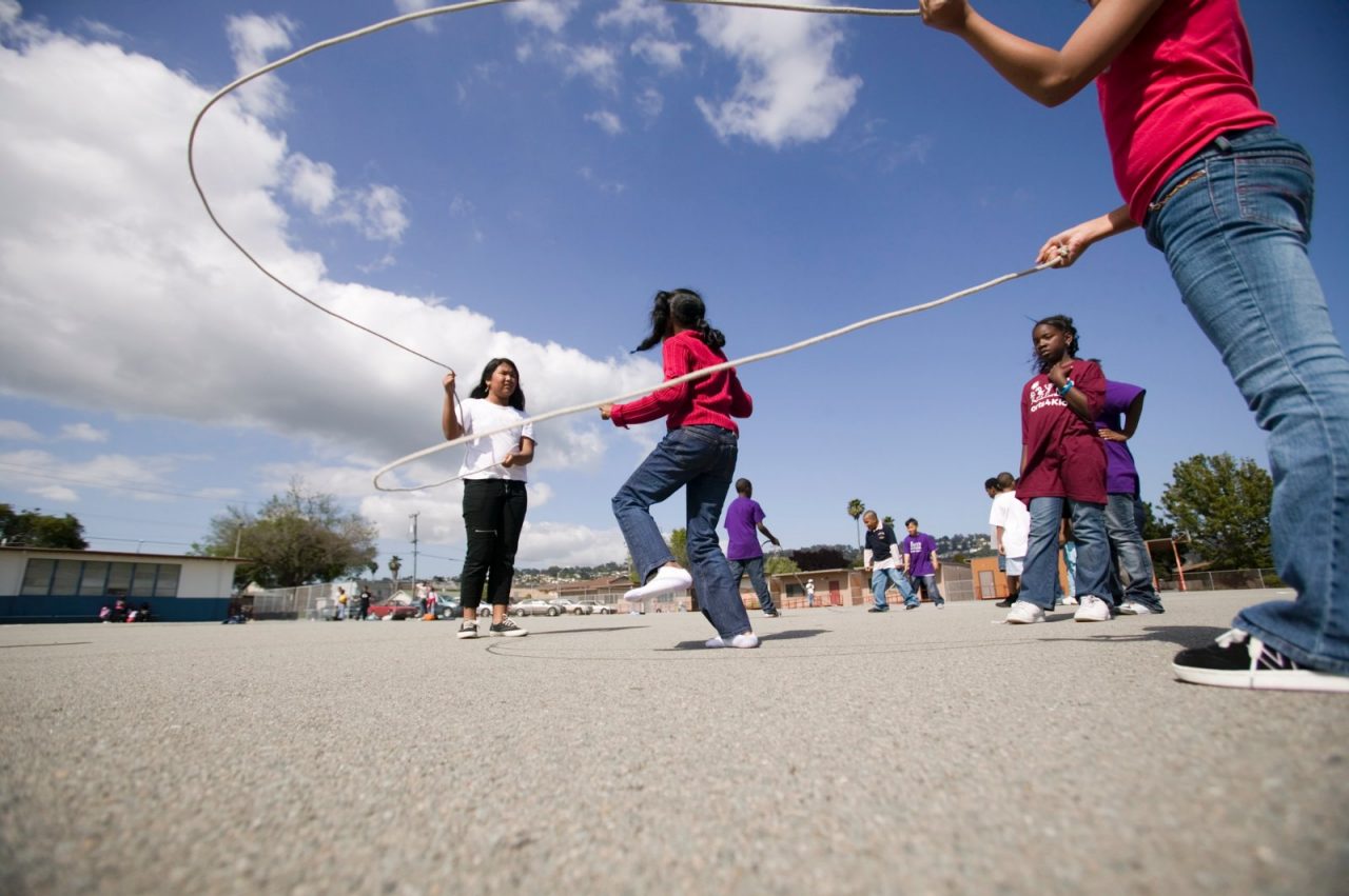 Students in the Sports 4 Kids after school program at Stege Elementary in Richmond, California on the playground.  Sports 4 Kids (Playworks)