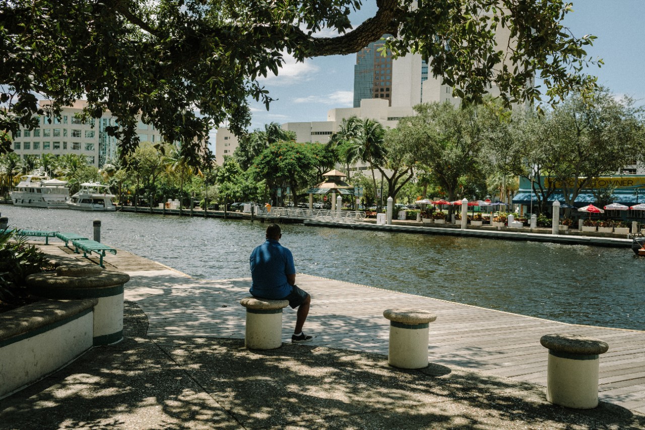 Fort Lauderdale, FL - August 20, 2019 - The sun shines on the iconic River Walk in downtown Ft. Lauderdale.