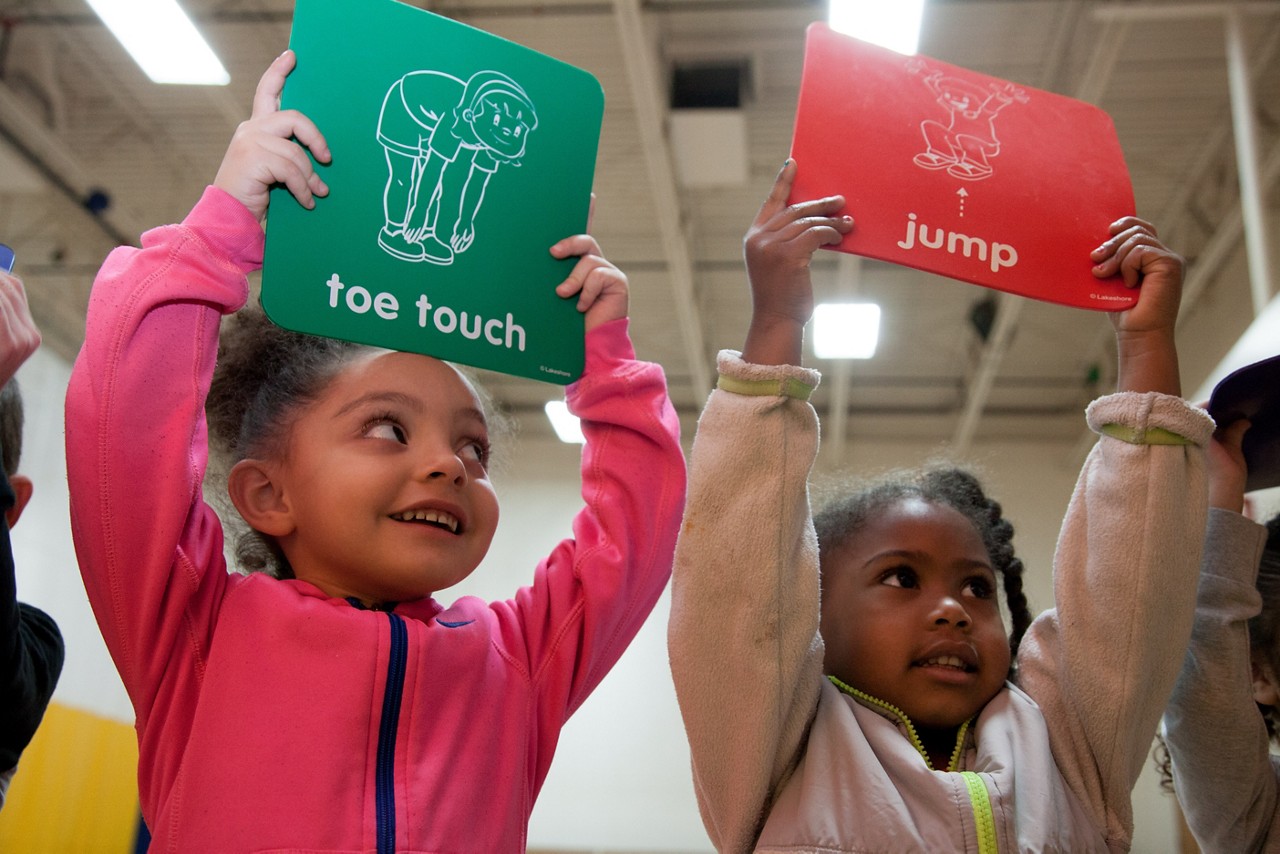 Linda Johnson Moylan and her preschoolers in the "I am Moving, I am Learning" program at the YWCA in New Britain, CT.