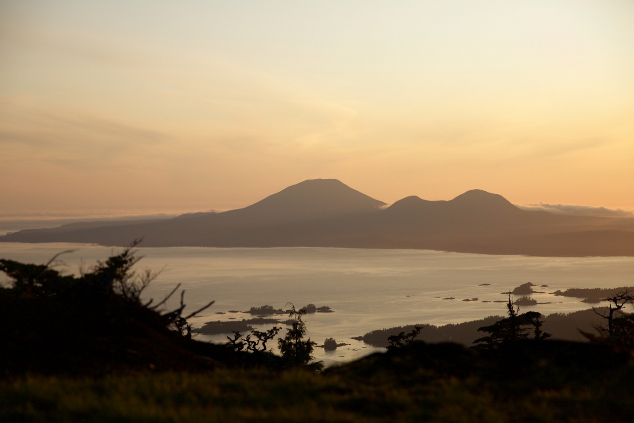 SITKA, ALASKA - SEPTEMBER 2019: A view of Crescent Bay and Mount Edgecumbe from Harbor Mountain in Sitka, Alaska. SITKA, ALASKA - SEPTEMBER 2019: A view of Crescent Bay and Mount Edgecumbe from Harbor Mountain in Sitka, Alaska.