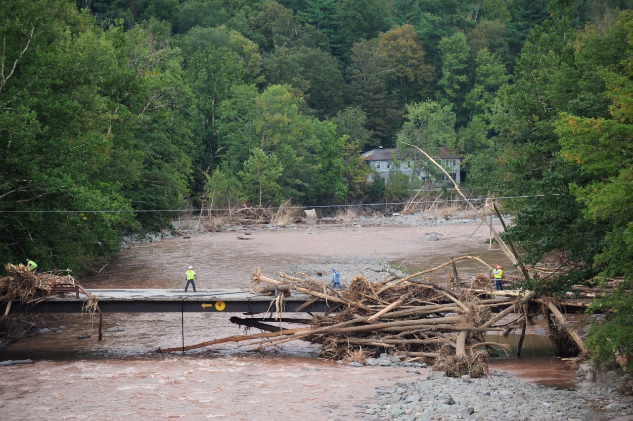 PHOENICIA, NEW YORK - SEPTEMBER 01: Utility workers survey the damage caused by flooding in Phoenicia, New York. Hurricane Irene dropped large amounts of rain on the Catskills causing major flooding in many towns and villages. 
Photo by Matt Moyer

RELEASES:

NOT RELEASED