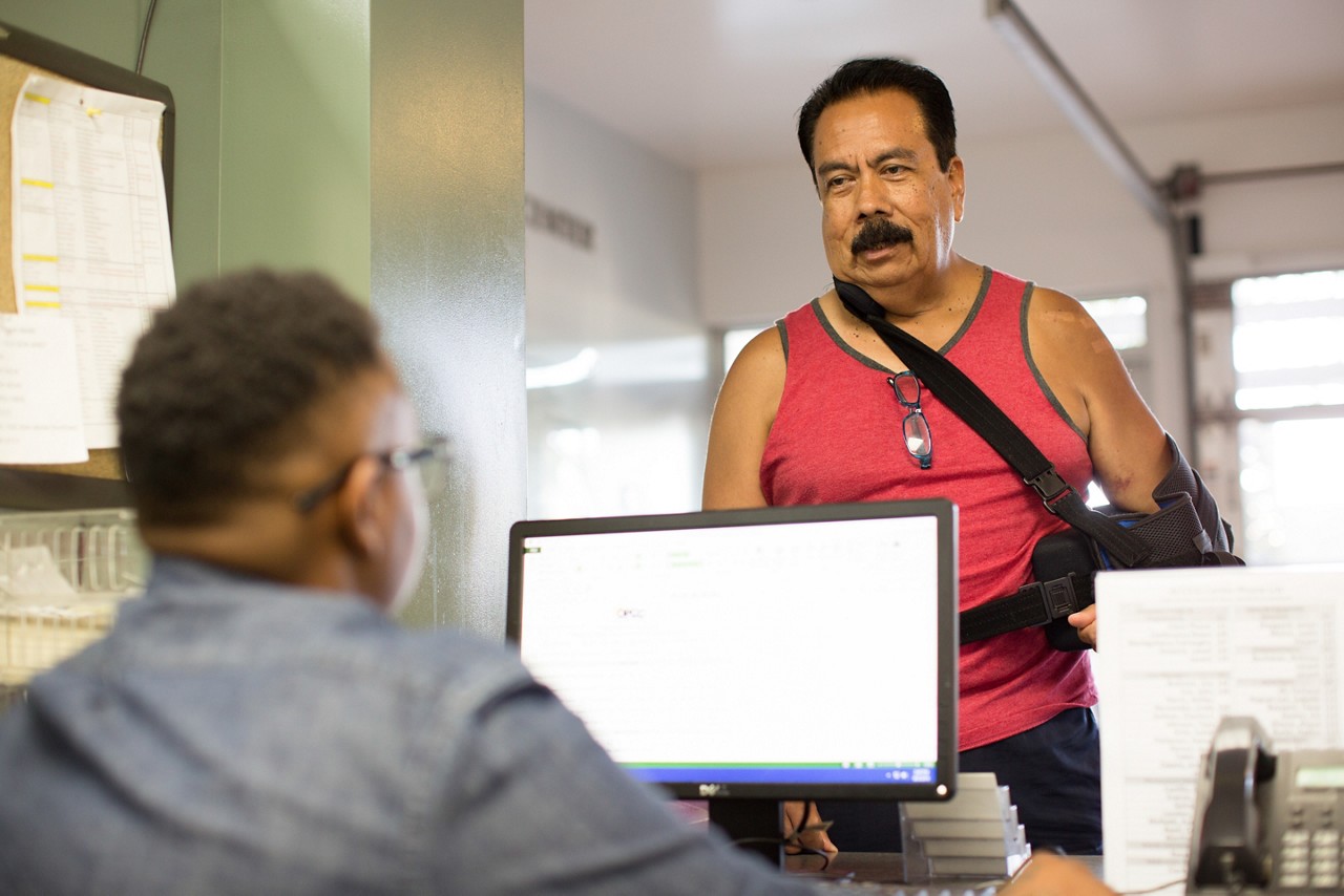 Santa Monica 2016 Culture of Health. The Annenberg Access Center handles homeless intake and is the first step for people who need help. The center has showers, food and clothing. Pedro is assisted at the "point of entry".