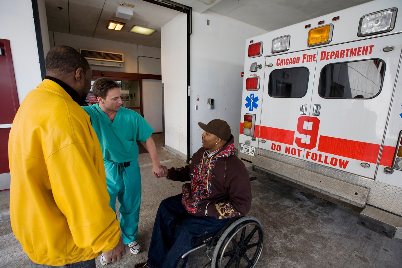 CeaseFire in Chicago is part of a national alliance of organizations that are attempting to curb youth violence, specifically gun violence, in inner city communities.
In the emergency room of Advocate Christ Medical Center, a shooting victim lays in bed while members of CeaseFire, the hospital's clergyman and a doctor attend to the situation.