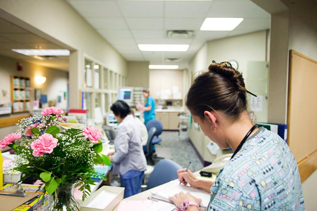 Nurses at a nurses' station in Seton Northwest Hospital, Austin, Texas.   Transforming Care at the Bedside. Nurses and Nursing